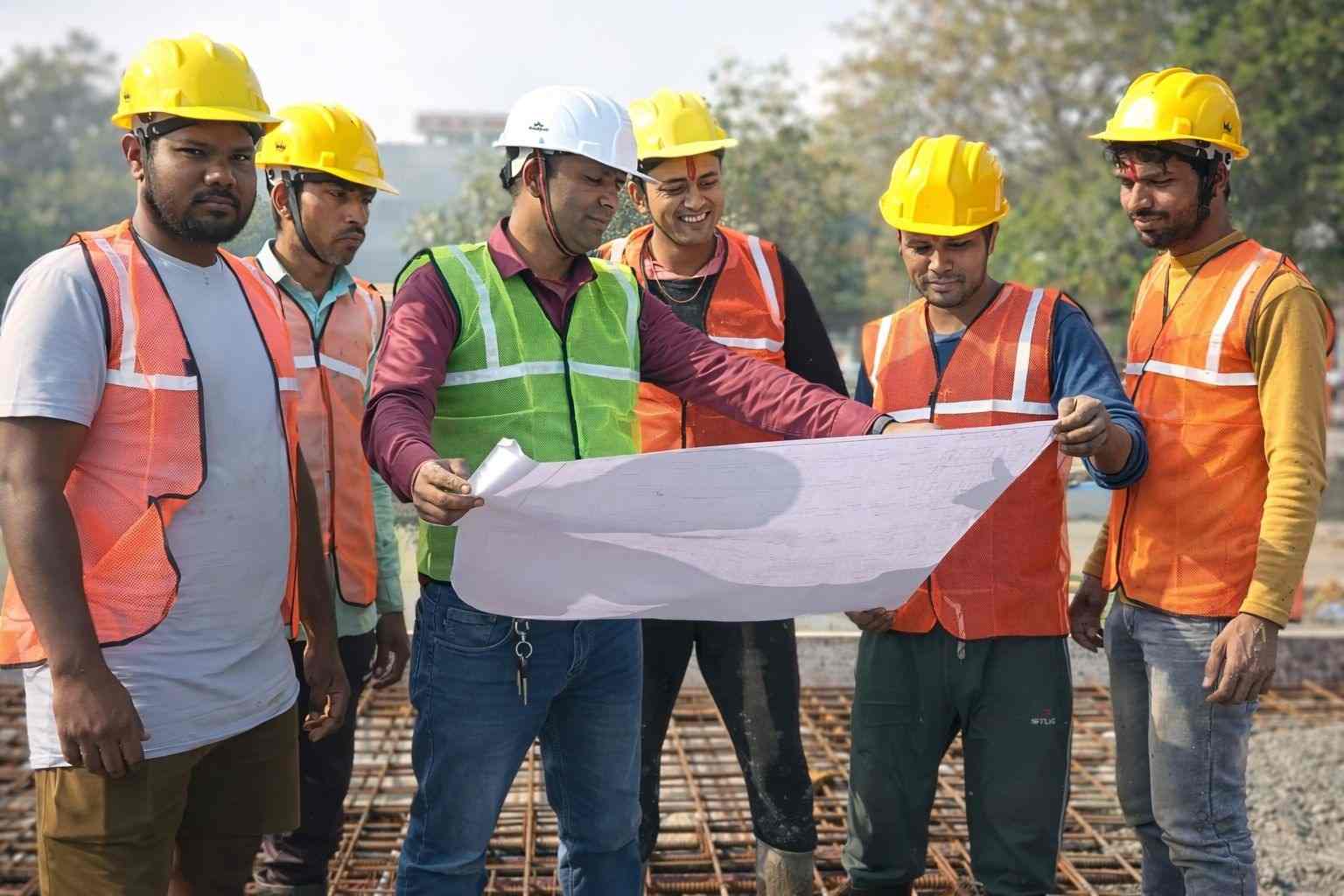 Architects reviewing blueprints at construction site
