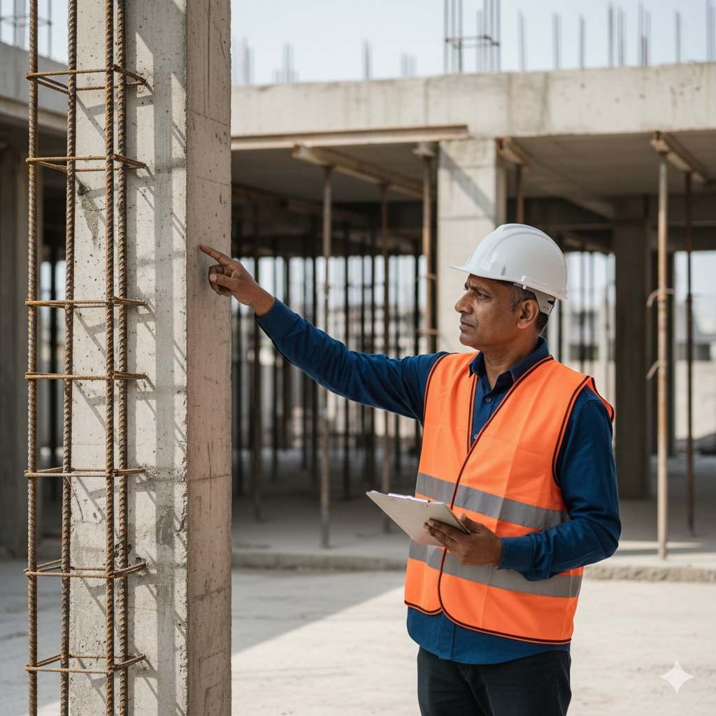 Structural engineer inspecting building safety on site